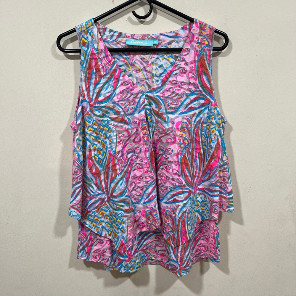 ANTHONY'S RESORT WEAR Floral Sleeveless Layered Tunic V-Neck Top Size medium EUC